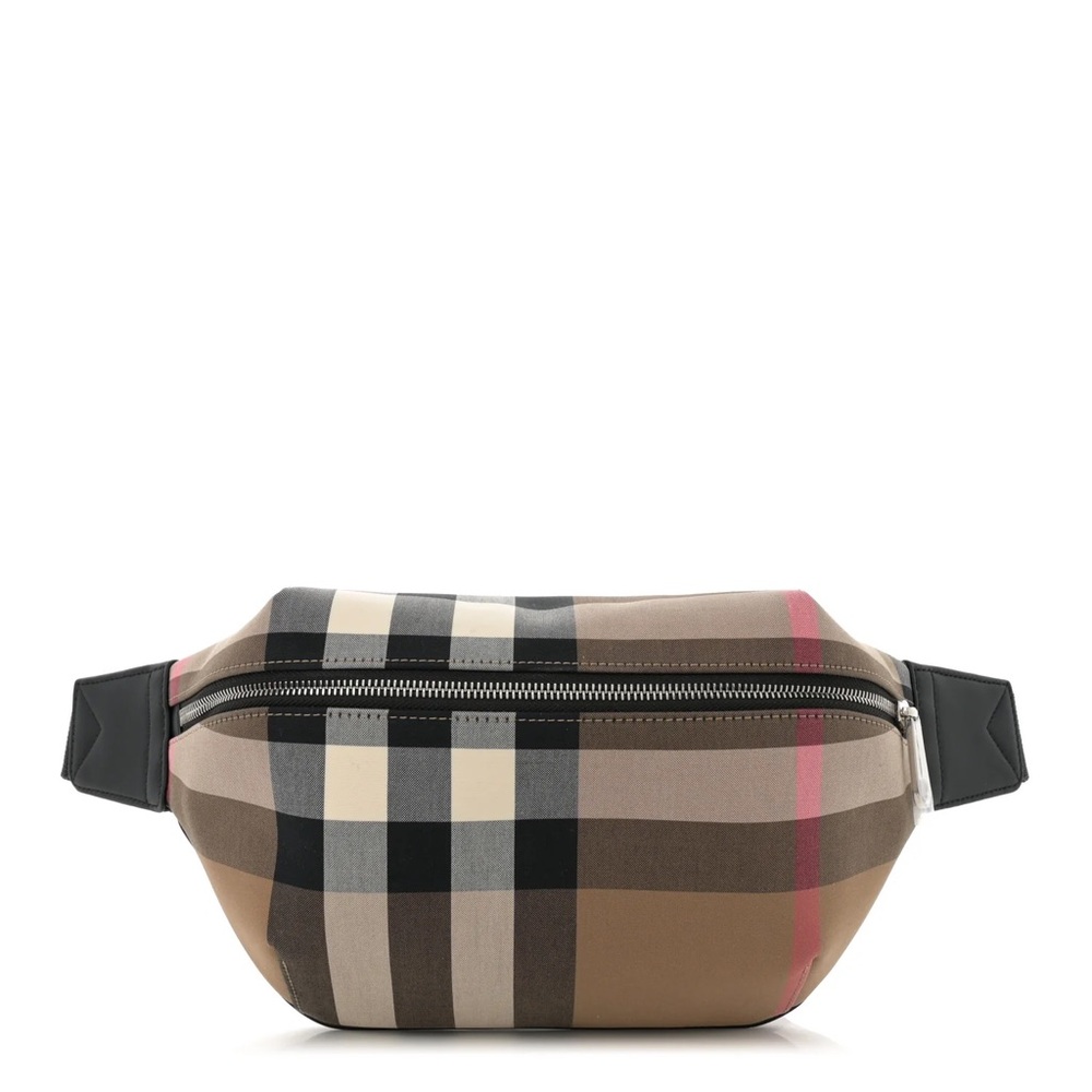 Burberry Taupe Black Cream Check Belt Bag with Pink Stripe